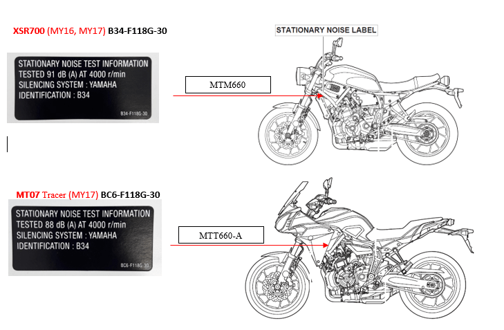 YAMAHA MT07 XSR700 Stationary Noise Test Label